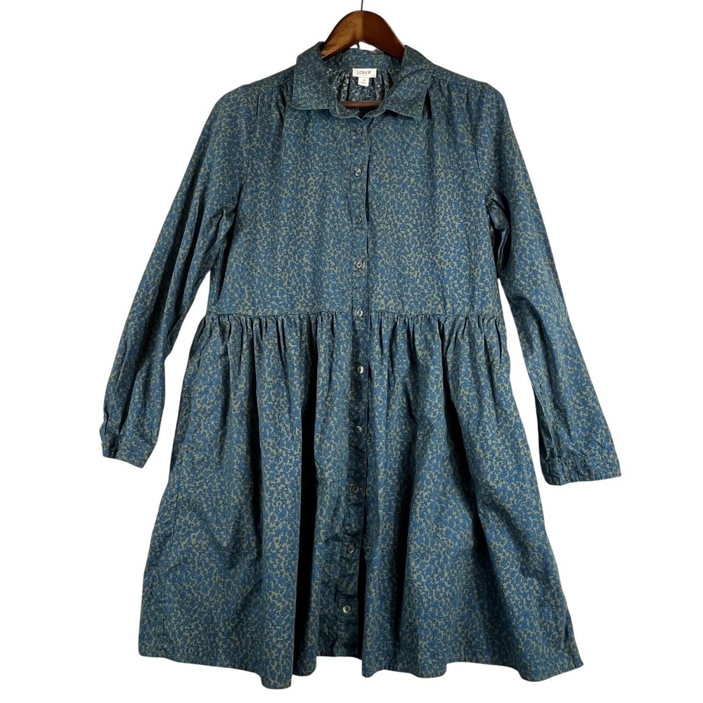 J Crew Womens 14 Floral Shirt Dress Blue Green Cottagecore Prairie Pockets